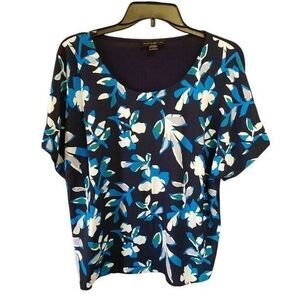 Simple Styled by Scars Womens Sz L Navy Blue White Floral Short Sleeve Blouse